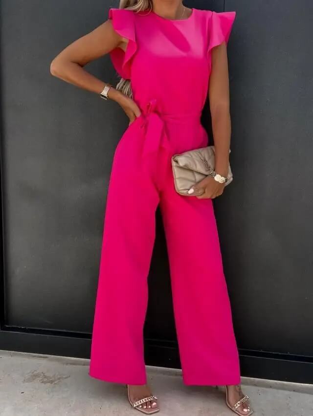 Flowy women's wide leg jumpsuit with elegant style and comfortable fit, great for spring fashion.