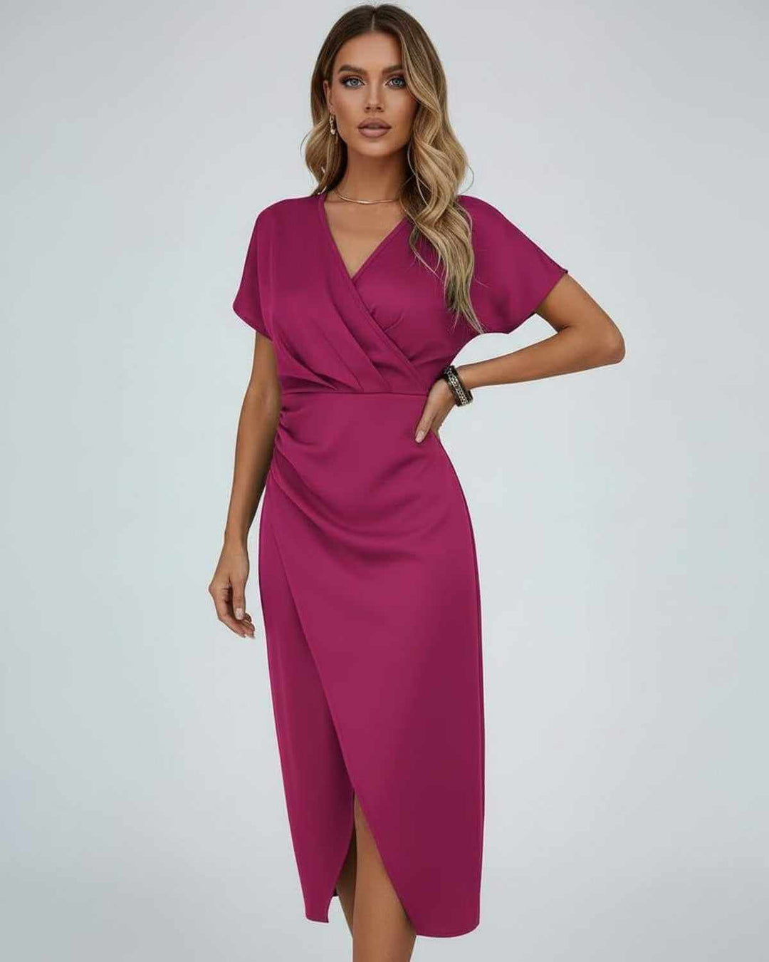 Elegant women's wrap midi dress with a flattering V-neck, short sleeves, and a stylish split hem. Perfect for day or evening.
