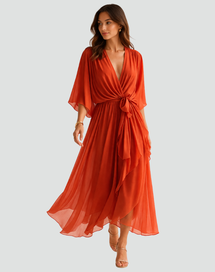 Elegant women's wrap midi dress with tie waist. Perfect for special occasions or summer parties.