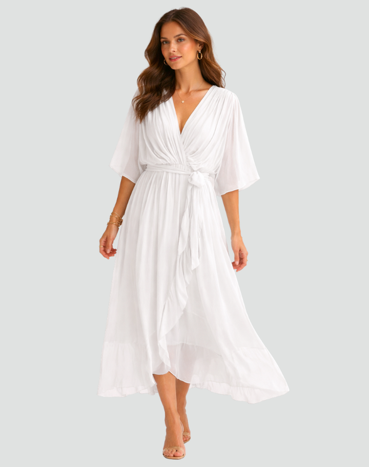 Women's elegant wrap midi dress, V-neck, and tie waist for a flattering silhouette. Flowing formal wear.