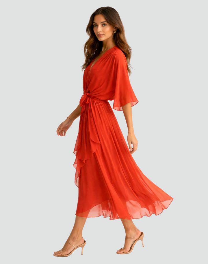Versatile women's elegant wrap midi dress, tie waist, suitable for formal events, parties, or summer.