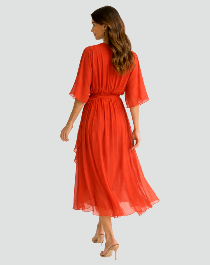 Sophisticated women's elegant wrap midi dress with a chic tie waist. Ideal for parties & special occasions.
