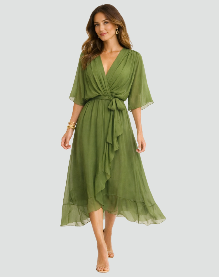 Flowing V-neck wrap midi dress for women, featuring an elegant tie waist design. Ideal for formal events.