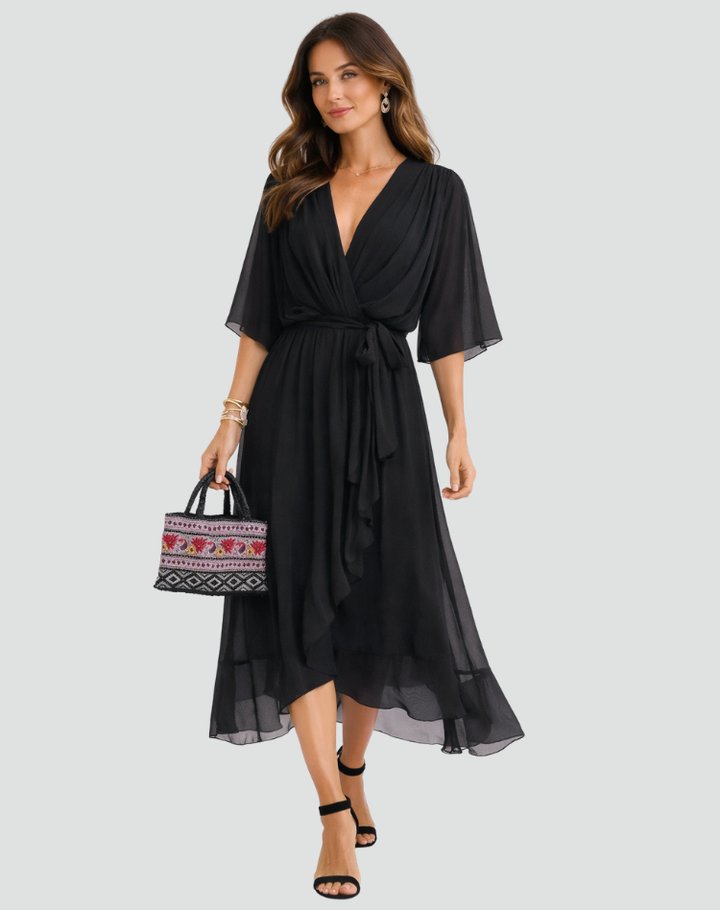 Women's formal party midi dress, elegant wrap style with a flattering tie waist. Feminine and chic.