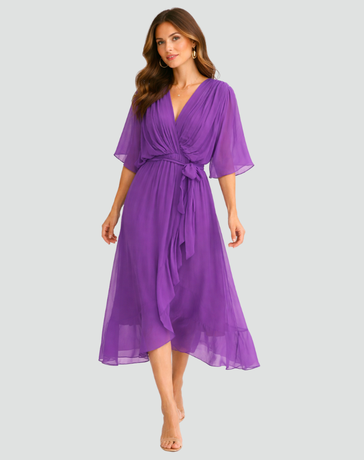 Women's elegant midi length wrap dress, features a chic tie waist, ideal for parties & formal events.