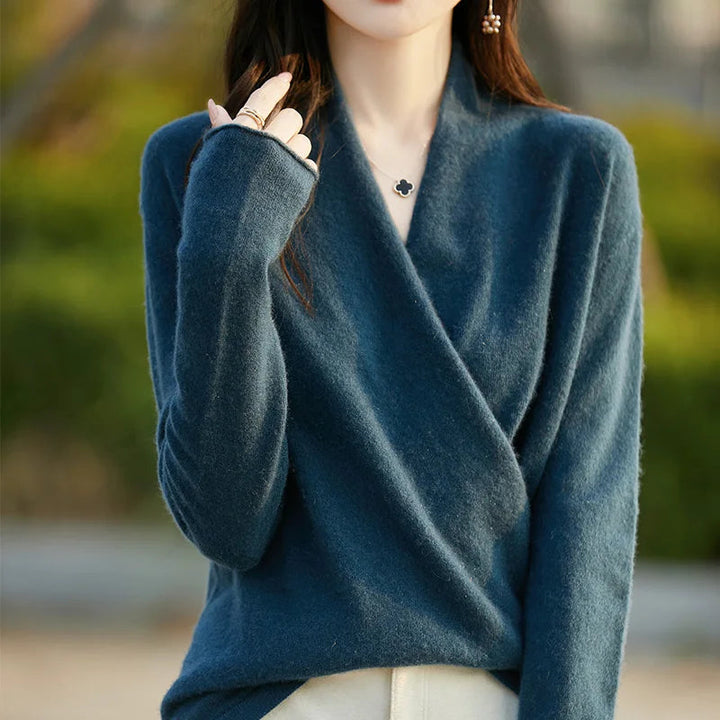 Elegant women's wrap sweater with V-neck, perfect for modern chic fall fashion.