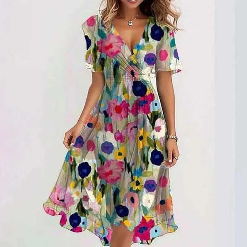 Women's wrap V-neck flutter sleeve midi dress, an elegant and flowing option for summer and occasions.
