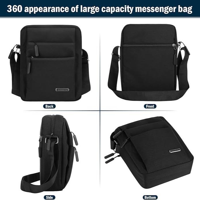 "Elegante borsa a tracolla uomo impermeabile, design antifurto e moderno, disponibile in blu, grigio, nero."
