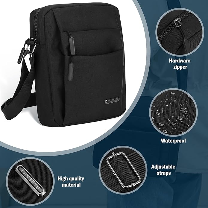 "Elegante borsa a tracolla uomo impermeabile, design antifurto e moderno, disponibile in blu, grigio, nero."