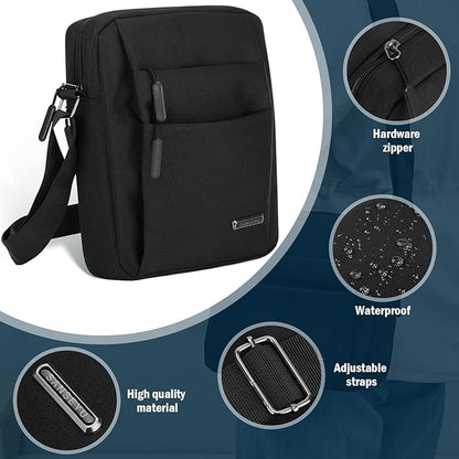 "Elegante borsa a tracolla uomo impermeabile, design antifurto e moderno, disponibile in blu, grigio, nero."