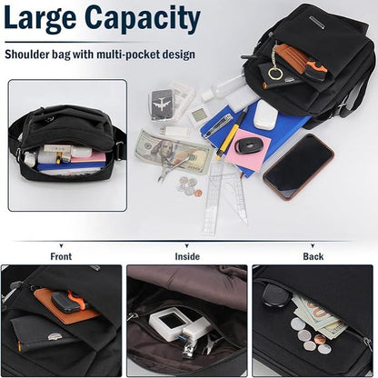 "Elegante borsa a tracolla uomo impermeabile, design antifurto e moderno, disponibile in blu, grigio, nero."