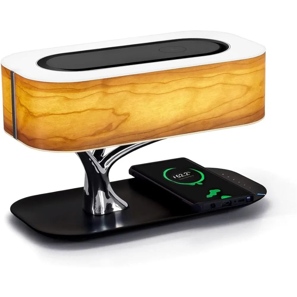 "Elegante lampada da tavolo LED in legno di ciliegio con ricarica wireless e altoparlante Bluetooth, design moderno"