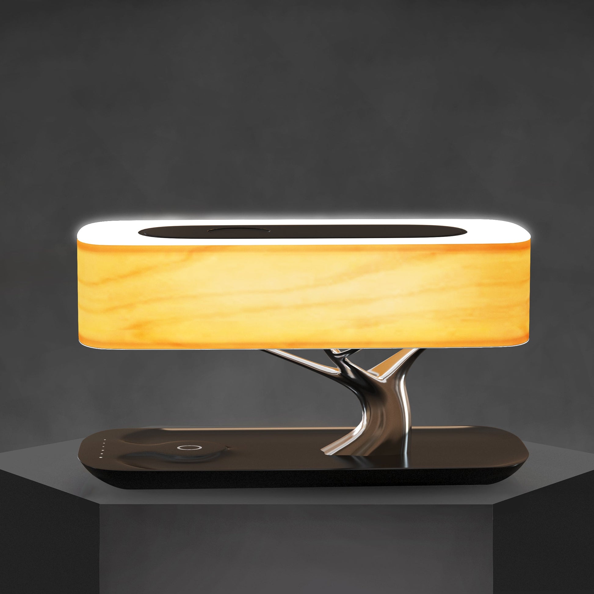 "Elegante lampada da tavolo LED in legno di ciliegio con ricarica wireless e altoparlante Bluetooth, design moderno"