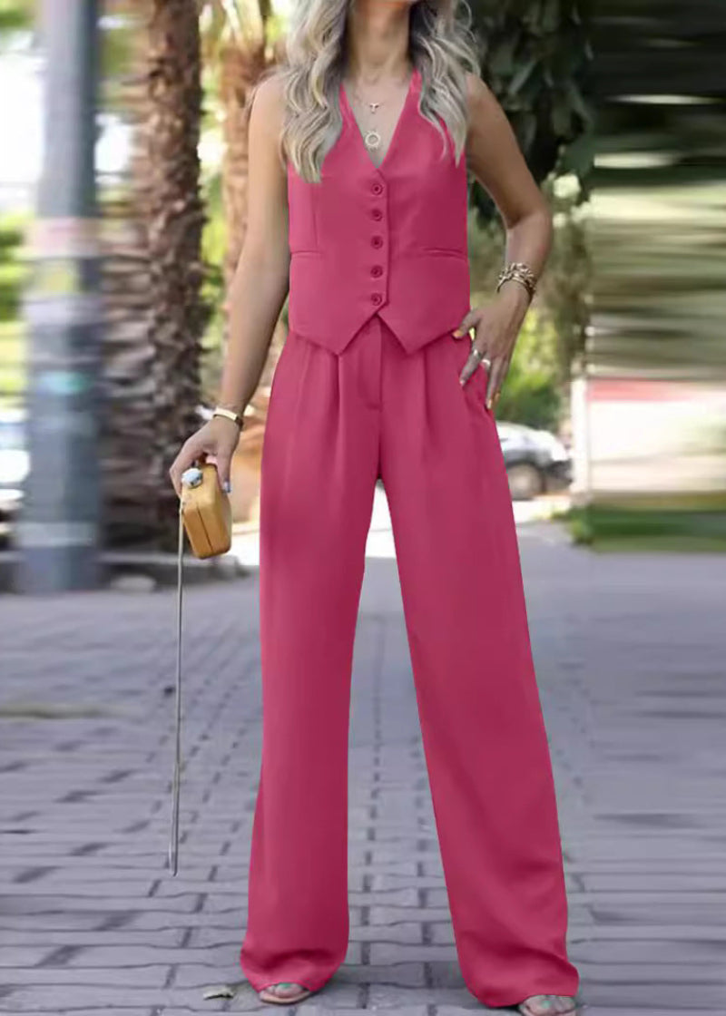 "Elegante set blazer senza maniche e pantaloni slim-fit donna in tessuto leggero, scollo a V, perfetto per occasioni formali.