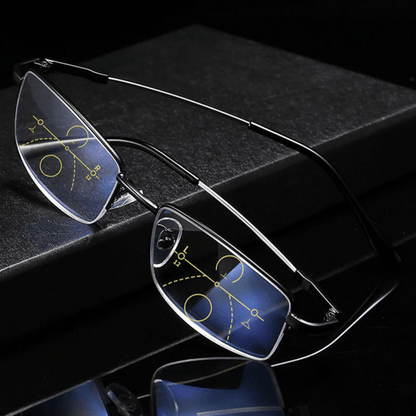 "Eleganti occhiali da sole progressivi unisex con lenti colorate e montatura moderna, protezione UV e tecnologia avanzata."