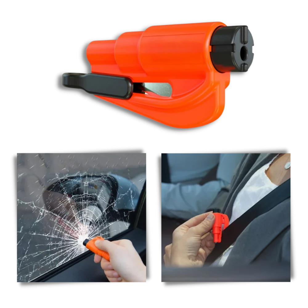 Multi-functional emergency escape tool with window breaker & seatbelt cutter for vehicle safety.