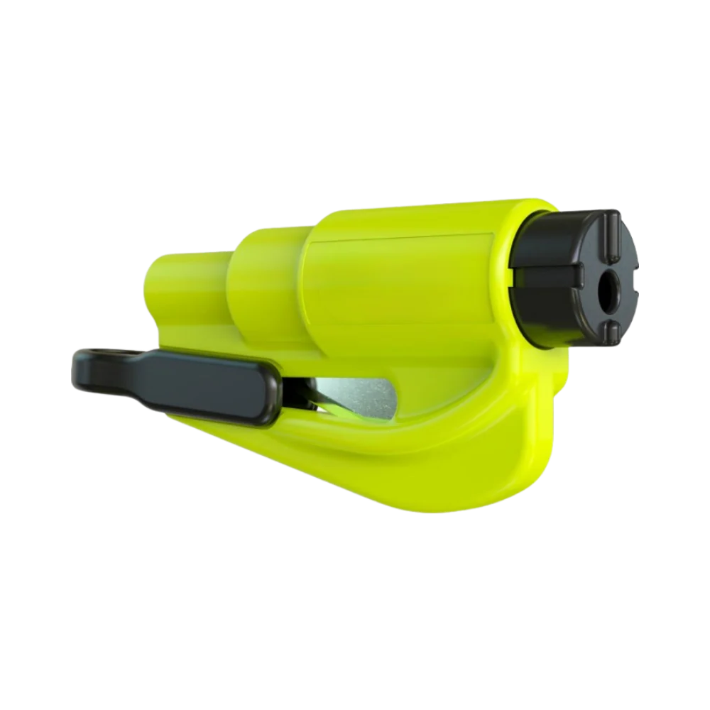 Handheld emergency car safety tool with window breaker & seatbelt cutter for quick vehicle escape.