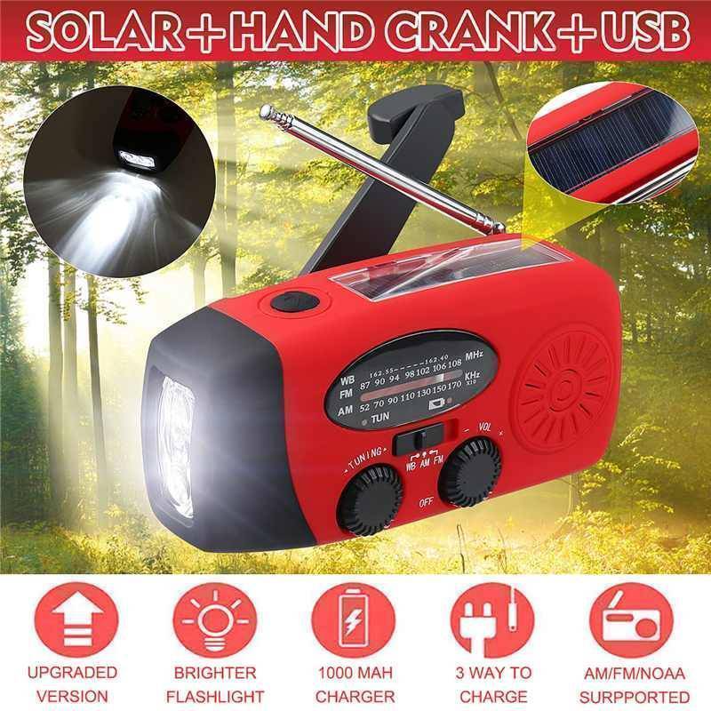 Portable hand-crank weather radio with solar power, charging USB devices on the go.