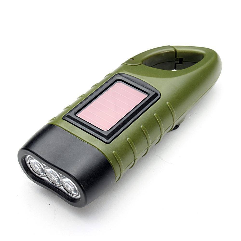 Survival gear LED flashlight with hand crank and solar charging for emergencies
