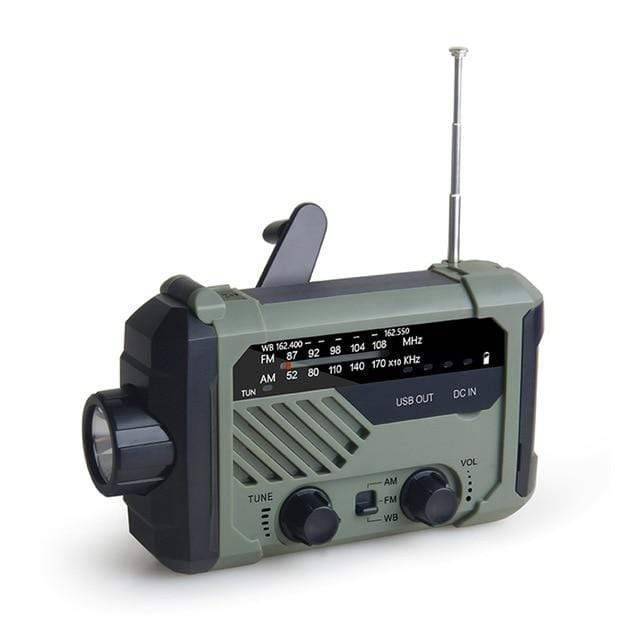Emergency solar hand crank radio with flashlight and power bank for survival gear.