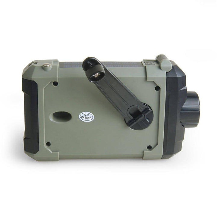 Emergency weather alert radio, ideal for survival kits, with solar and hand crank charging.