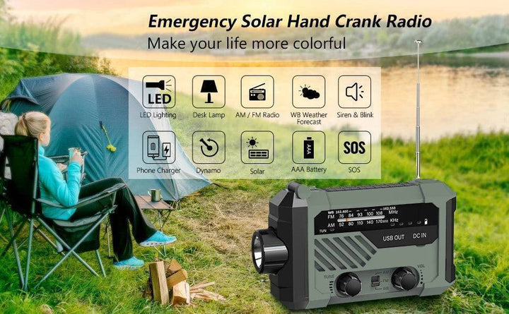 Compact emergency radio, solar powered, with hand crank and built-in LED flashlight.