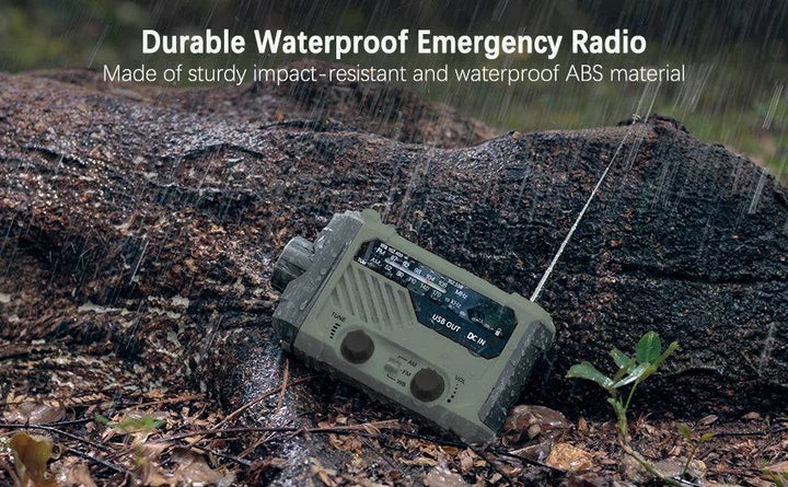 Portable camping radio with solar panel, hand crank, bright flashlight, and phone charger.