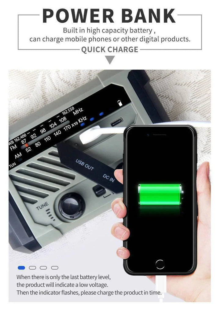 Outdoor adventure emergency radio, waterproof, with powerful flashlight and power bank function.