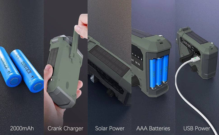 Black emergency radio with a prominent solar panel, hand crank, and charging ports.
