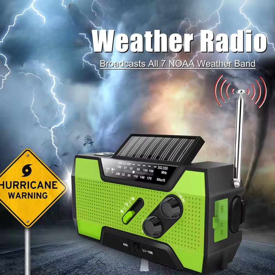 Compact emergency radio with a 4000mAh power bank, weather alerts, and built-in flashlight