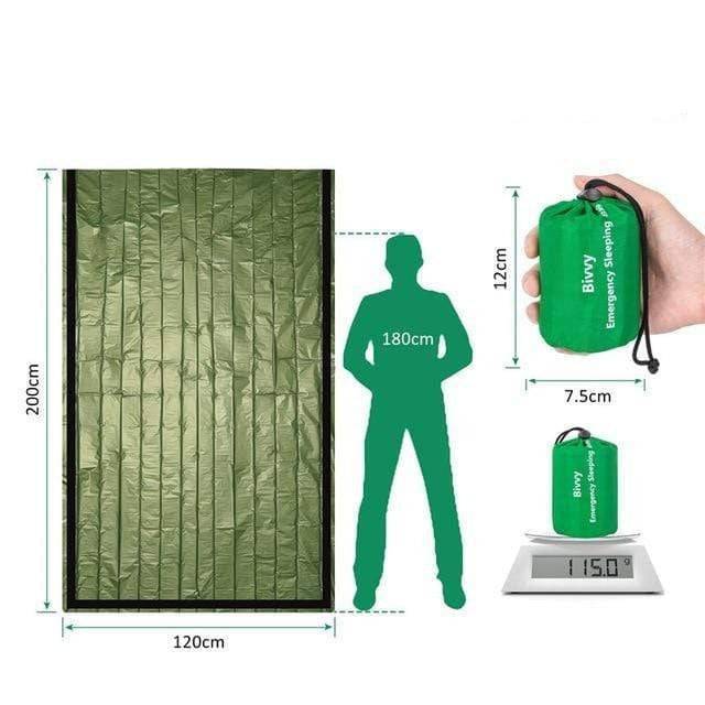 Compact outdoor gear: Survival bivy sleeping bag, thermal, ideal for hiking and emergencies.