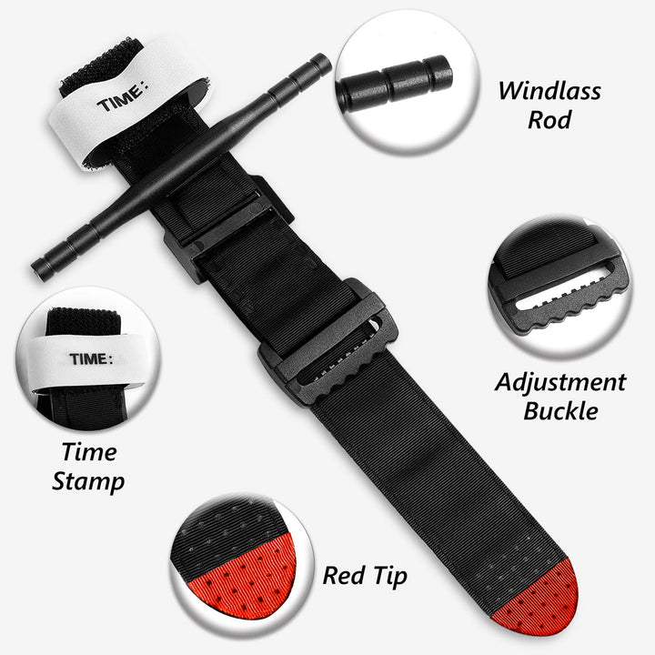 Adult emergency tourniquet, one-handed application for critical bleeding, robust design.