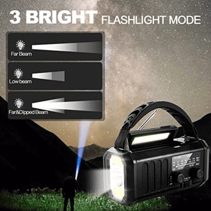 Survival gear: Emergency weather radio with integrated hand crank, solar panel, and bright flashlight.
