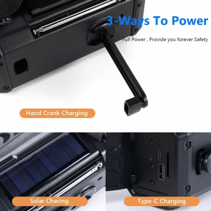 Multi-functional emergency radio/power bank 10000mAh, ideal for camping and outdoor equipment.