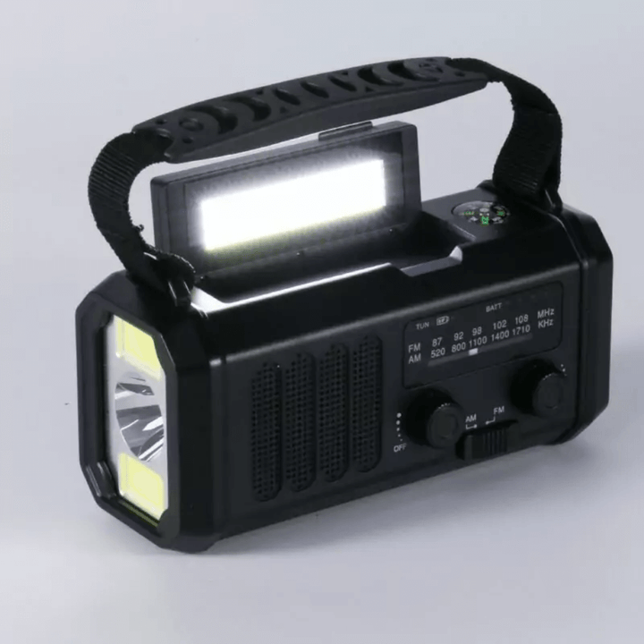 All-in-one emergency radio, solar charger, and 10000mAh power bank for critical weather alerts.