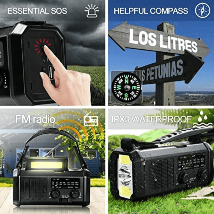Rugged emergency weather radio with 10000mAh power bank, hand crank, and LED flashlight.