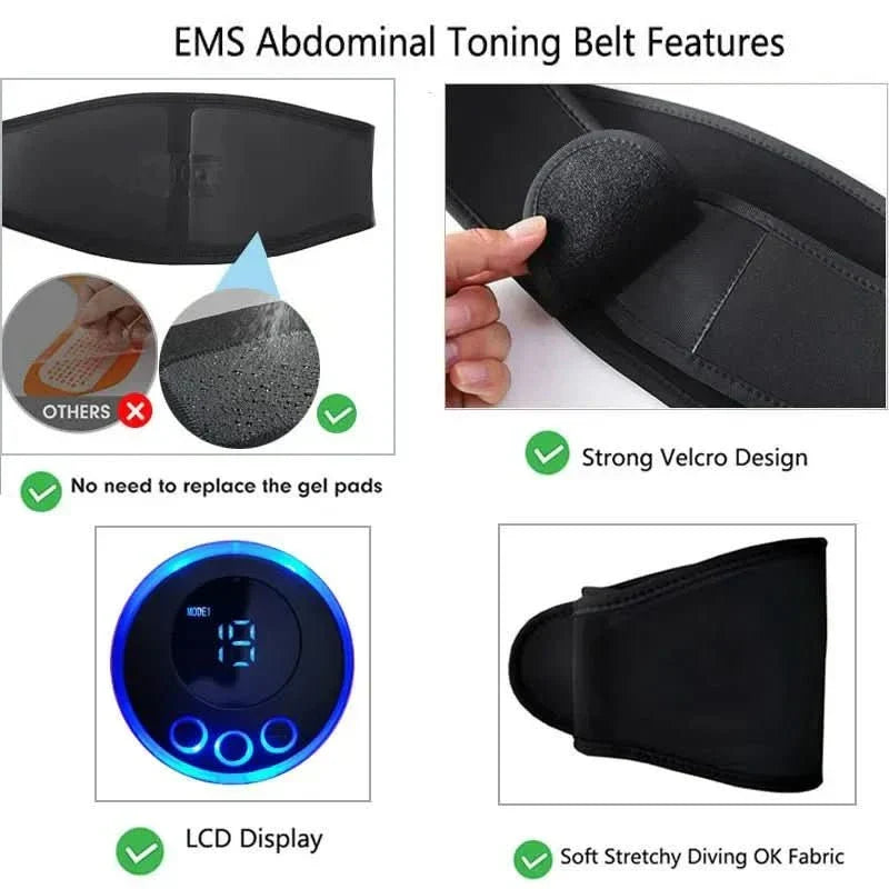 Fitness device: EMS muscle stimulator for abdominal toning & core workout. Portable electric abs trainer for home use.