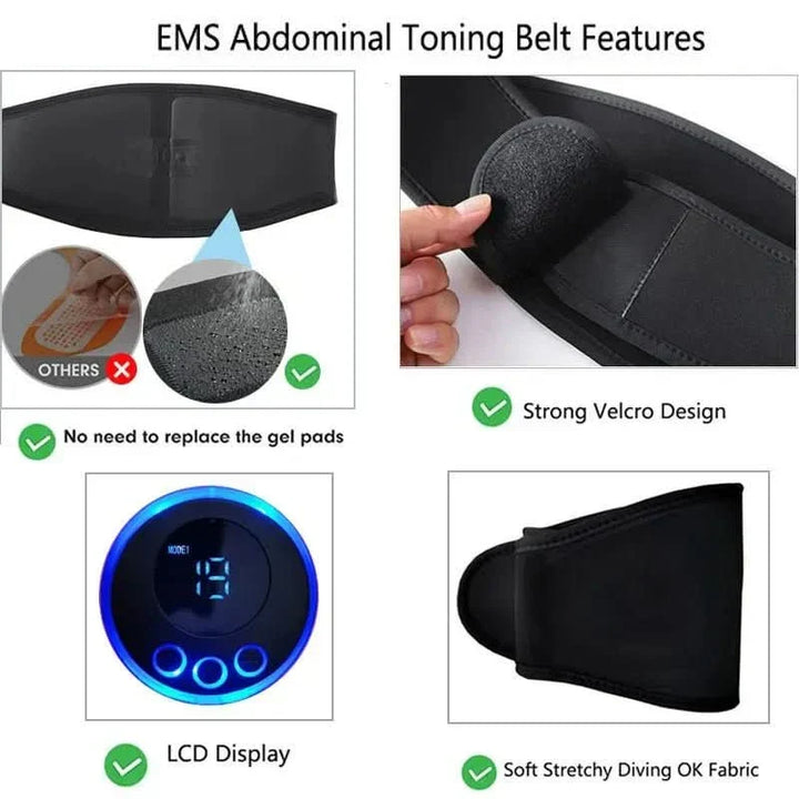 Fitness device: EMS muscle stimulator for abdominal toning & core workout. Portable electric abs trainer for home use.