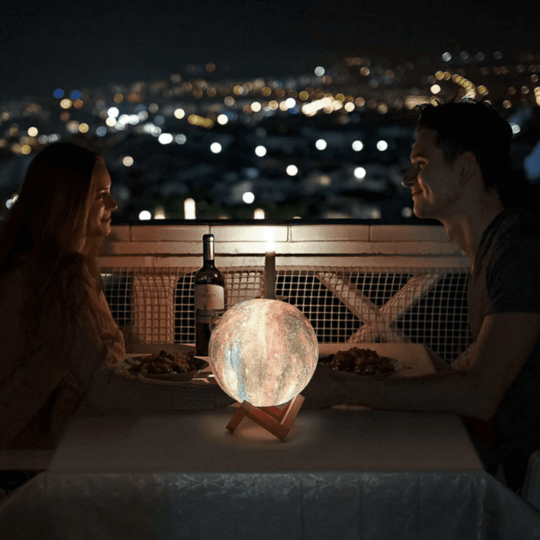 Celestial 3D moon lamp with realistic texture, 16 vibrant colors, and a sturdy wooden stand. Enhances decor.