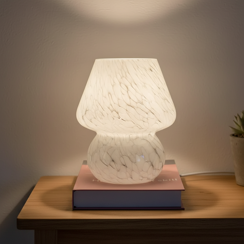 Enchanting glass mushroom table lamp, perfect for cozy home decor & accent lighting.