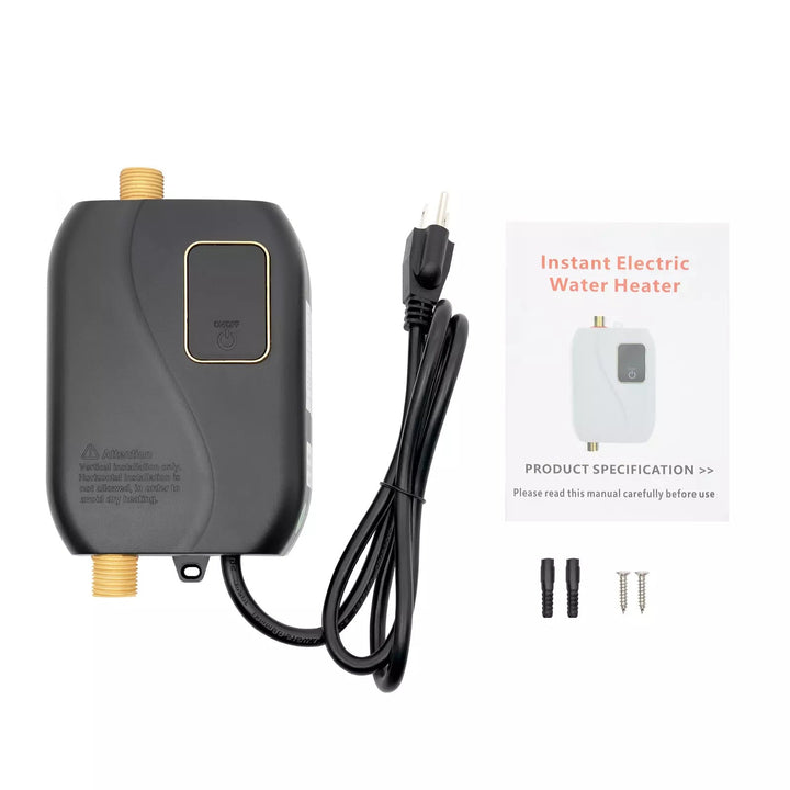 Compact electric tankless water heater for instant hot water in kitchen or bathroom. Wall-mounted.
