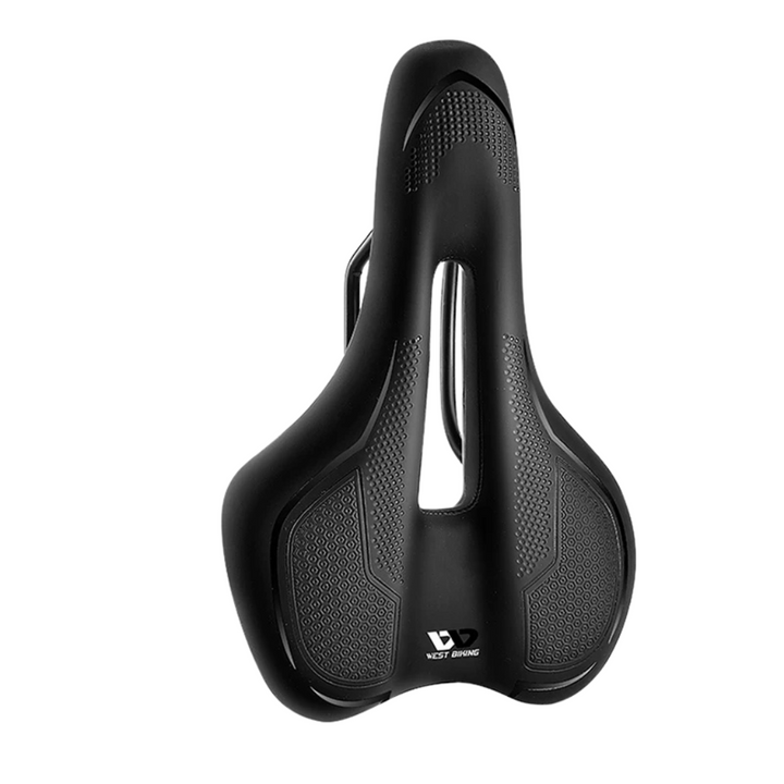 Road bike accessory: black ergonomic bike saddle with foam padding for long-distance comfort.