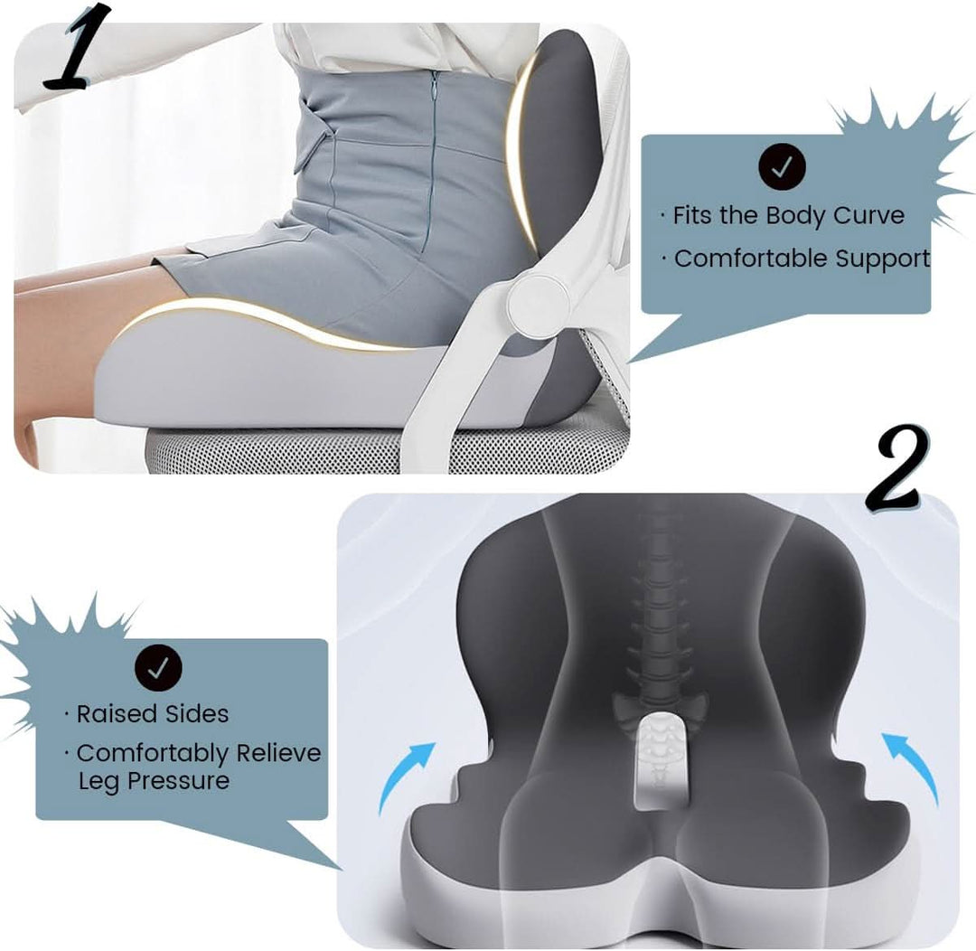 Premium memory foam seat cushion. Relieves back pain & improves posture for comfort at home or office.