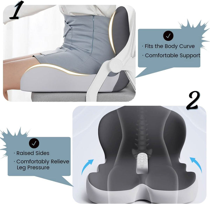 Premium memory foam seat cushion. Relieves back pain & improves posture for comfort at home or office.