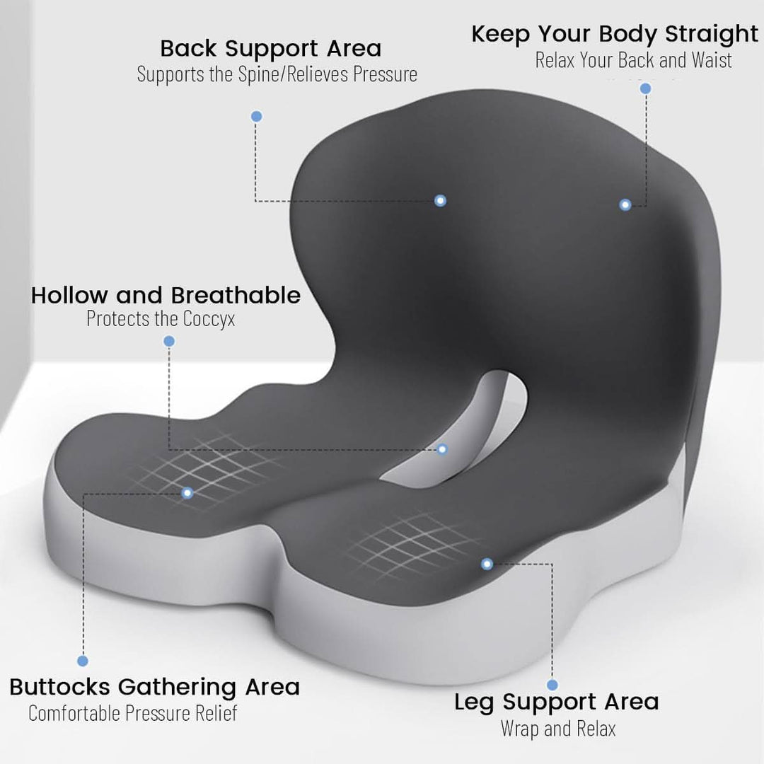 Therapeutic memory foam seat cushion. Targets back pain relief & enhances sitting comfort.