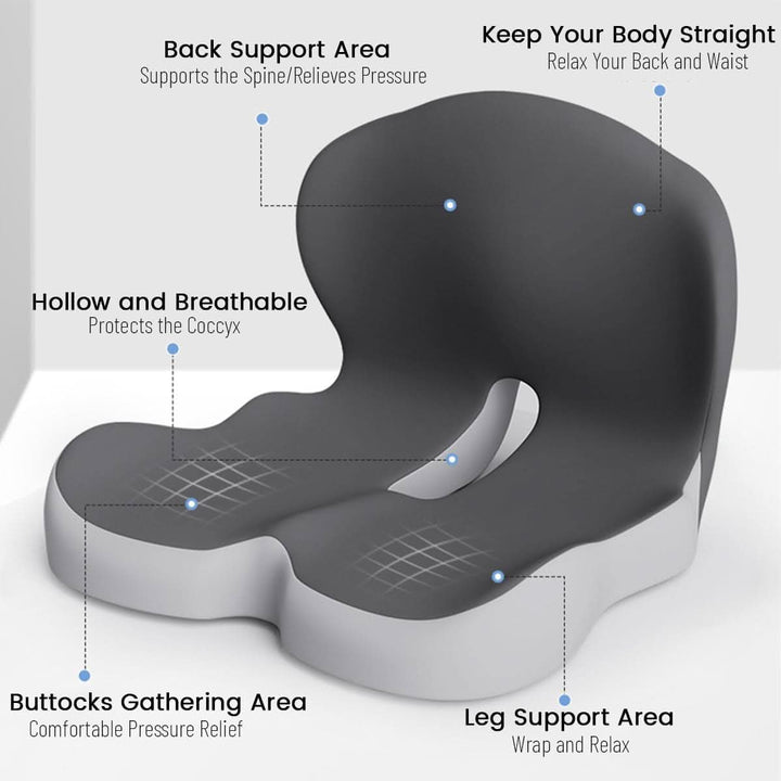 Therapeutic memory foam seat cushion. Targets back pain relief & enhances sitting comfort.