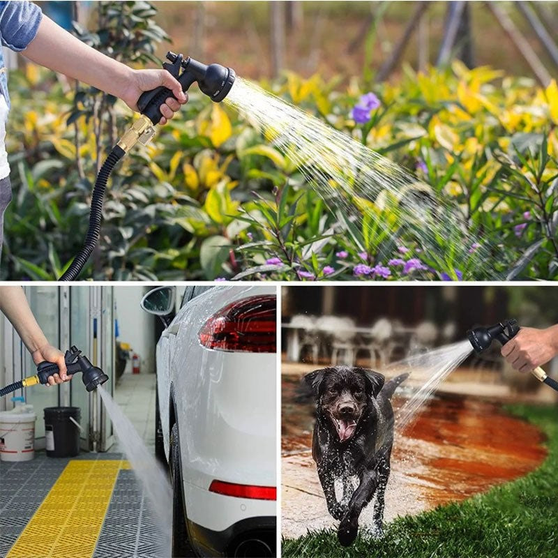 Flexible expandable water hose, compact when off, extends for efficient, kink-free garden watering.