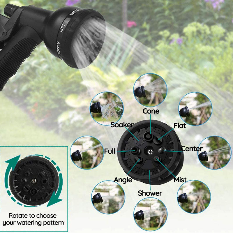 Lightweight expandable garden hose uncoiled, being used for easy, kink-free outdoor yard watering.