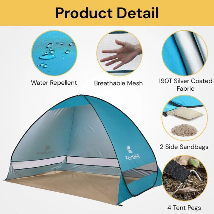 Compact family beach shelter, pop-up design for quick setup, providing sun & wind protection