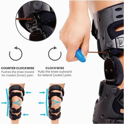 "Fascia ginocchio regolabile nera con chiusure veloci, design moderno per stabilità e sollievo dal dolore articolare."